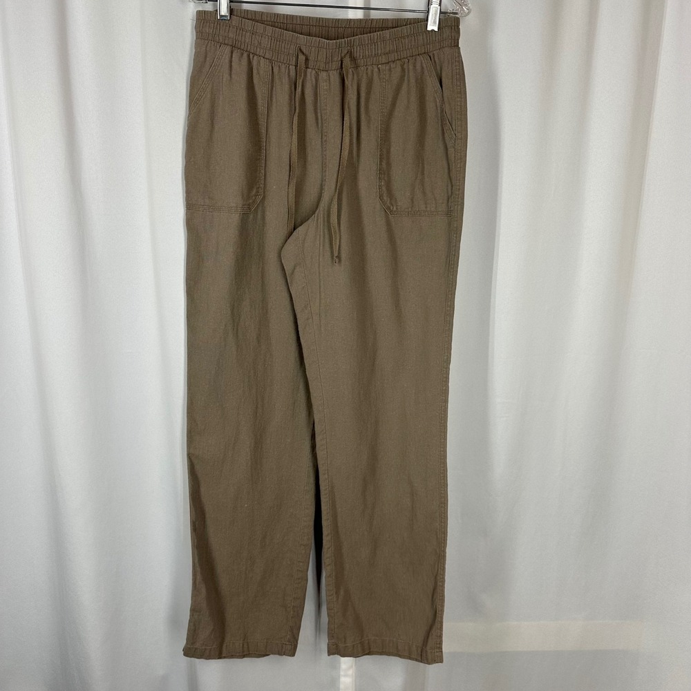 Cato Sport Linen Blend Pull On Pants Women's M Olive Brown Drawstring